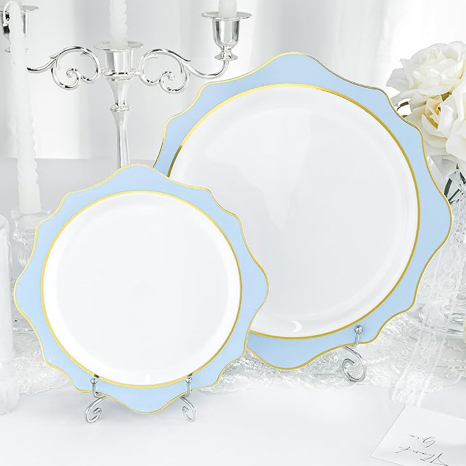Disposable Party Plates, Blue Scalloped, BPA-Free Plastic, 100 Count