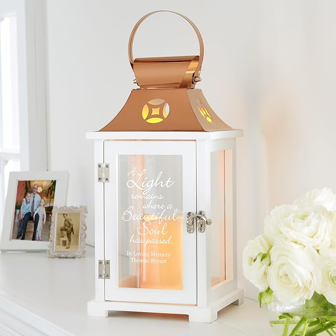 Decorative Candle Lantern for Memorials, Copper Finish Wood and Steel, LED