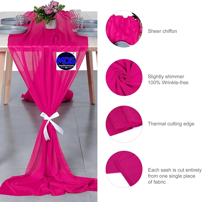 MDS Halloween Chiffon Table Runner - 5 Pack, 29 x 120 Inches, 10ft Each - Sheer Spooky Table Runners for Haunted House Parties, Trick-or-Treat Tables, Witchy Décor, Wedding & Events - Hot Pink