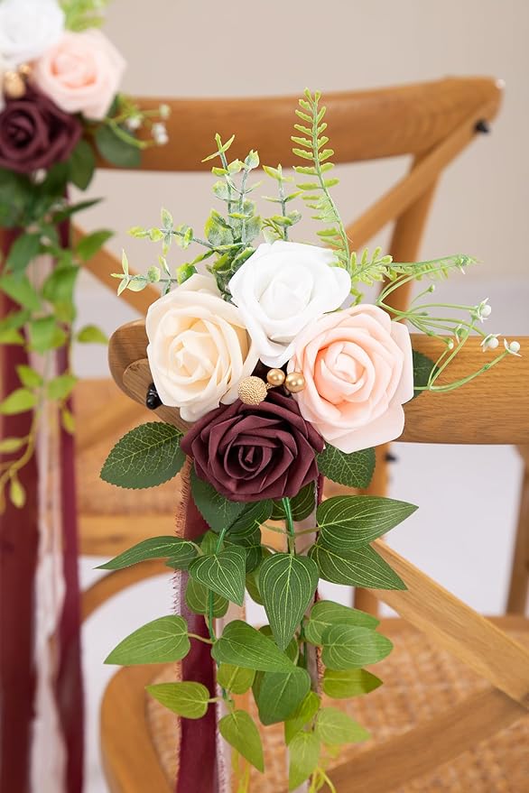 Artificial Flowers Set of 10 Burgundy Wedding Pew Decor with Roses