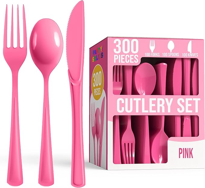 Pink Plastic Cutlery Set, 300 Pieces with Forks, Spoons and Knives