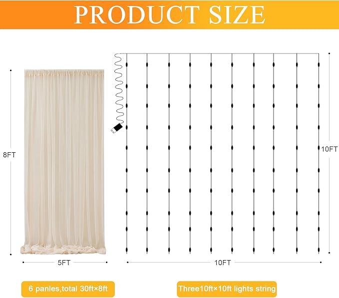 Fomcet Tulle Backdrop Curtains Champagne 30FT X 8FT Tulle Curtains with Lights String Sheer Backdrop Curtain for Parties Wedding Baby Shower Photo Shoot Decorations (6 Panels 5 x 8FT)