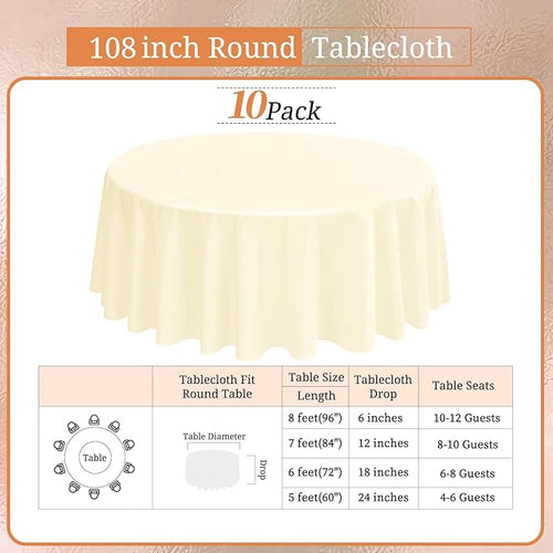 10 Pack Round Tablecloths - 108 Inch, Beige Polyester Table Cover for Round Tables, Stain and Wrinkle Resistant Washable Fabric Table Cloth, Polyester Tablecloth for Wedding Banquet Partie