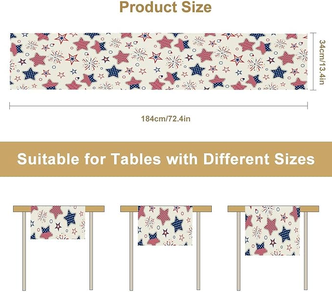 4th of July Table Runner, American Patriotic Independence Day Red Blue White Stars Stripes Fireworks Print Table Runner for Home Party Decor Kitchen Dining Table, 13x60inch