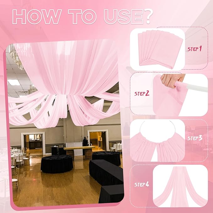 6 Panels Pink Ceiling Drapes for Wedding 5ftx40ft Ceiling Drapes Wedding Arch Draping Fabric Cheesecloth Sheer Curtain Romantic Ceiling Decorations for Weddings Party Banquet Ceremony Stage