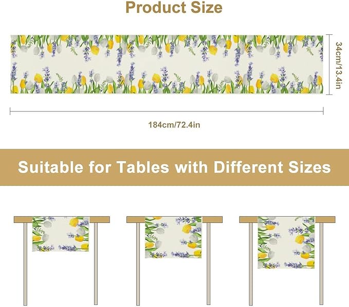 Floral Tulip Lavender Table Runner, Spring Watercolor Flower Plants Nature Butterfly Table Runner for Kitchen Dinner Living Room Home Party, 13x60 Inch