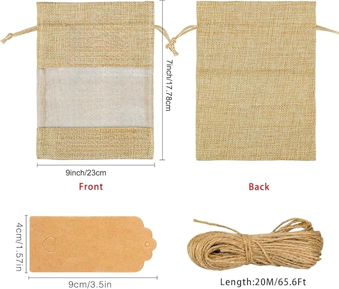 Burlap Gift Bags 6 x 9 Inch Sheer Drawstring Bags, 50 Count with Tags