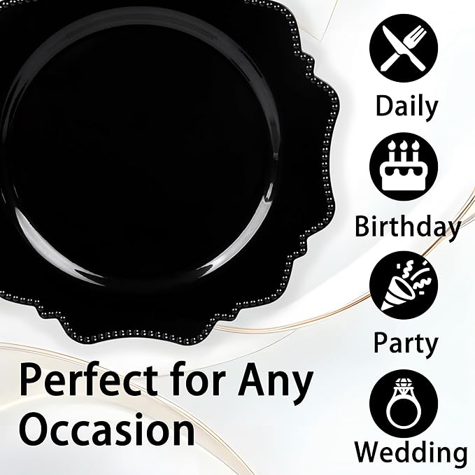 Dinner Plates, 9.5 Inch Black Disposable Plastic, Pack of 100
