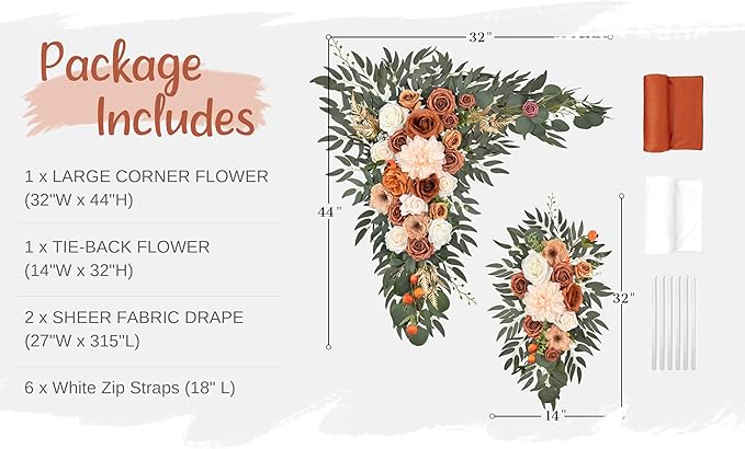 Artificial Flowers Terracotta Silk Wedding Arch Kit with Sheer Drapes