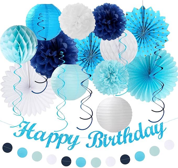 Light-Royal Blue White Birthday Party-decorations - 21pcs Boys Men Ocean Happy Banner,Navy Dusty Paper Streamers Lanterns Honeycomb,tissue Pom Poms Fan,Nautical Adult Garland Supplies Decor Huglony