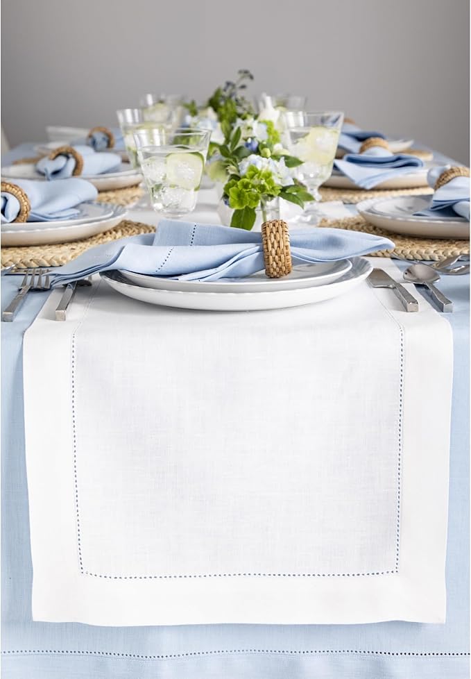 Solino Home Linen White Table Runner 108 Inches Long - 100% Pure Linen 14 x 108 Inch Table Runner for Fall, Autumn, Halloween, Thanksgiving, Holiday - Classic Hemstitch