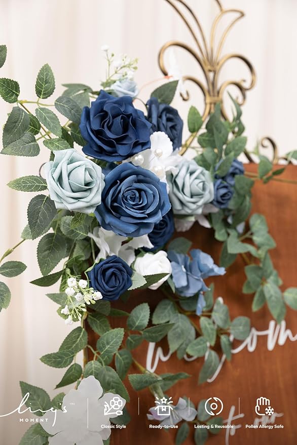 Artificial Flowers Swag Set of 2 in Dusty Blue and Navy for Wedding Signs