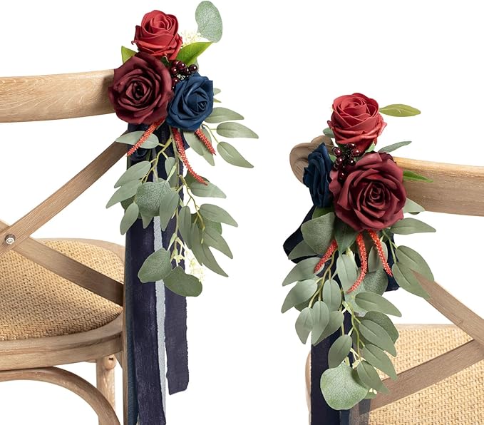 Artificial Flowers for Chairs, 8 Pack Burgundy and Navy Wedding Pew Decor