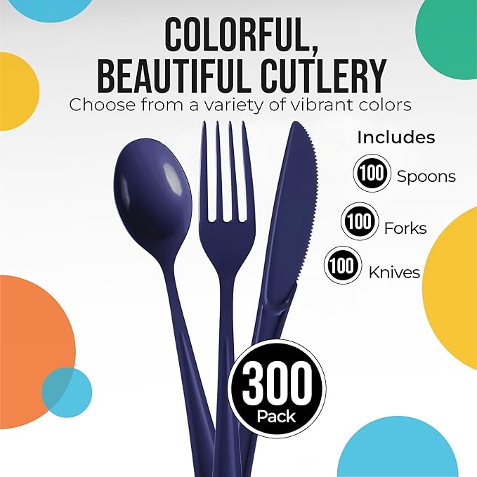 Spoons and Cutlery Set, Navy Plastic, 300 Count, Heavy Duty