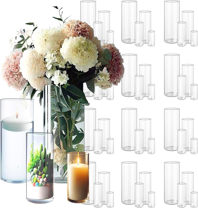 Glass Cylinder Vases, 48 Pack in 4 Sizes, Clear for Centerpieces