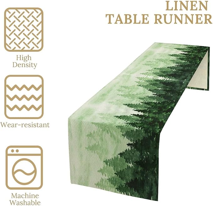 Foggy Forest Table Runner,Watercolor Wreen Misty Forest Landscape Table Runner for Kitchen Dining Table Home Party Decoration 13x72 Inch