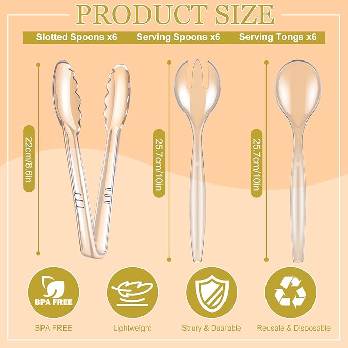 Serving Spoons, Tongs and Forks Set, 24 Count Clear Plastic Disposable