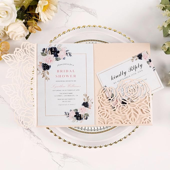 50pcs Tri-Fold Laser Cut Invitation with Envelope Blank Inner Sheets RSVP Cards Personalized Wedding Invitations for Bridal Shower QuinceañEra Engagement Birthday Invites 5X7 Inch Blush Pink