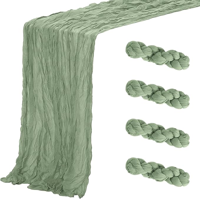 Aktor 4 Pack Sage Green Table Runner Boho Cheesecloth Table Runner Semi Sheer Gauze Fabric Runners for Wedding Birthday Baby Shower Party Boho Table Decoration（Sage Green）