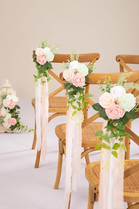 Artificial Flowers Pink Pew Bouquets, Set of 10 with Roses and Chiffon Ribbon