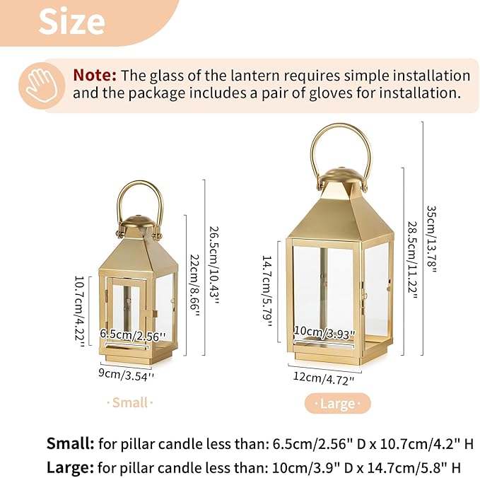 Decorative Candle Lantern, 11.2 Inch Gold Metal with Glass