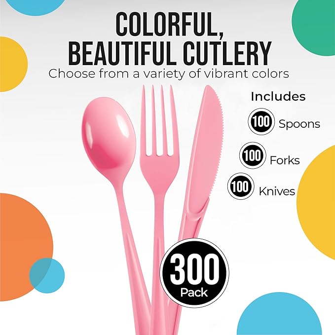 Pink Plastic Cutlery Set, 300 Pieces with Forks, Spoons and Knives