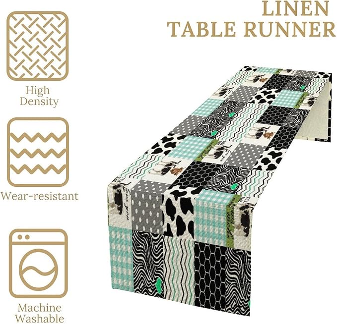 Cute Cow Print Table Runner,Farm Animals Honeycomb Plaid Stripes Cowhide Pattern Tablecloth Burlap for Hotel Indoors Outdoor Dining Room Kitchen Table Decor, 13x60in
