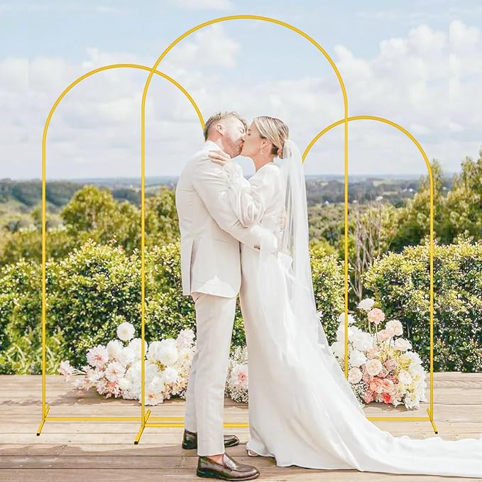 MODFUNS Metal Arch Backdrop Stand and Cover Set 4&5&6ft Khaki Arch Cover Gold Wedding Arched Frame Brown Backdrop Covers Arched Stand with Covers for Wedding Ceremony Birthday Party Decor