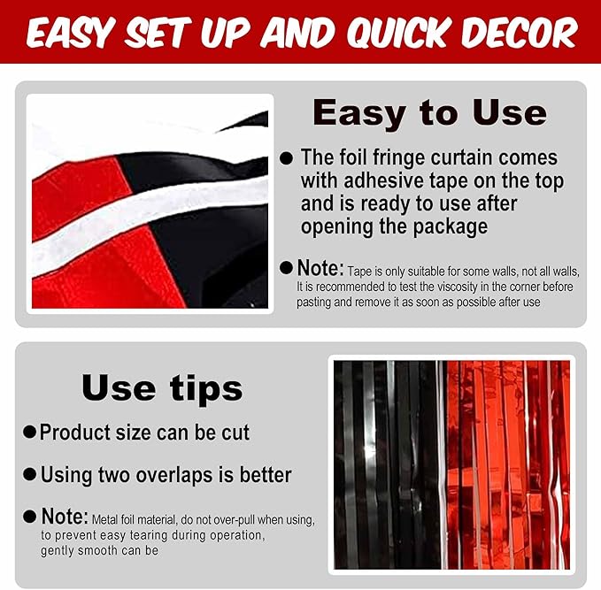6 Pack Black and Red Foil Fringe Curtains Backdrop, 3.28 x 8.2 Ft Metallic Streamers Tinsel Curtains Background for Photo Booth, Birthday, Weddings, Carnivals, Graduation, Themed Party Decorations