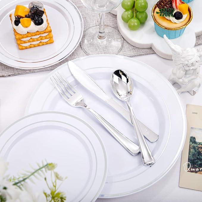 Plates Set with Silver Rim, White Plastic, 300 Pieces Total