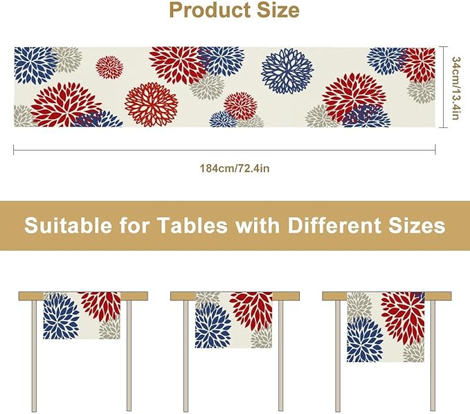 4th of July Table Runner, Blue Red Dahlia Flower American Patriotic Memorial Day Table Runner for Farmhouse Kitchen Dining Table Party Decor, 13x60inch