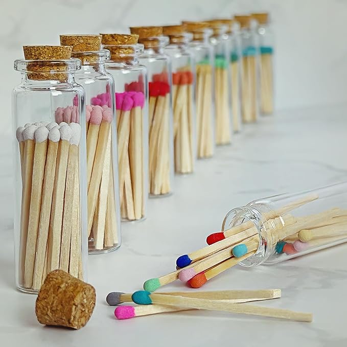 2" Classic White Tip Safety Matches | 3 Glass Bottles Each with Cork Top, Striker & 20 Matchsticks by Thankful Greetings (60+ Total) | Decorative & Unique for Home Decor, Event Giveaways
