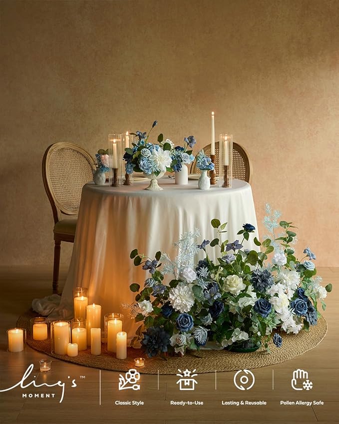 Artificial Flower Arrangements 4 Pack, 17.5 Inch Dusty Blue Navy Wedding Decor