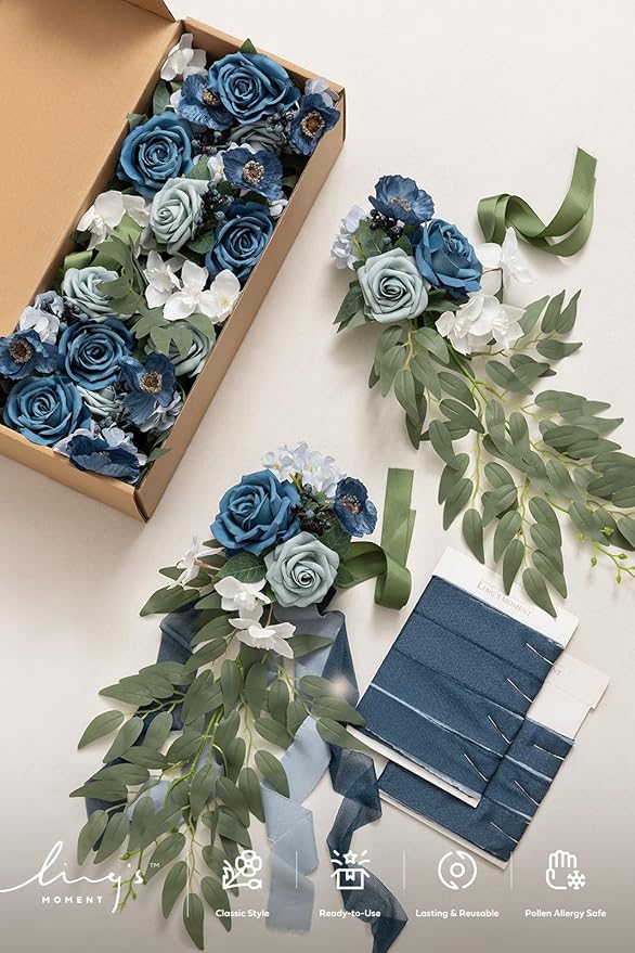 Artificial Flowers for Aisle Pews, 8 Pack in Dusty Blue and Navy