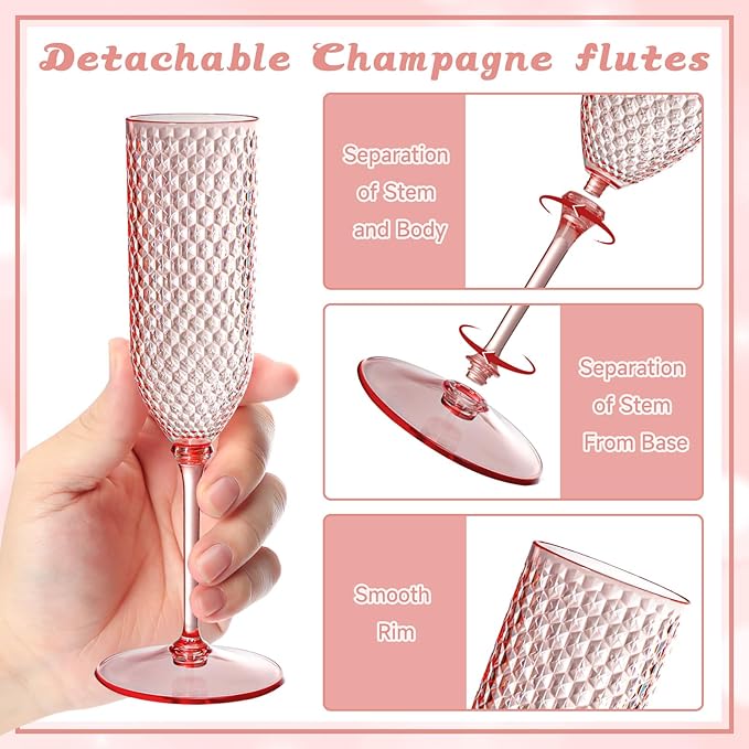Champagne Glasses 48 Pack Pink Detachable Plastic Flutes 5.5 oz