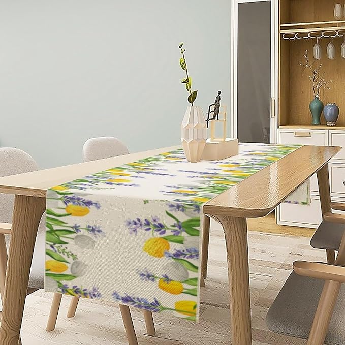 Floral Tulip Lavender Table Runner, Spring Watercolor Flower Plants Nature Butterfly Table Runner for Kitchen Dinner Living Room Home Party, 13x108 Inch
