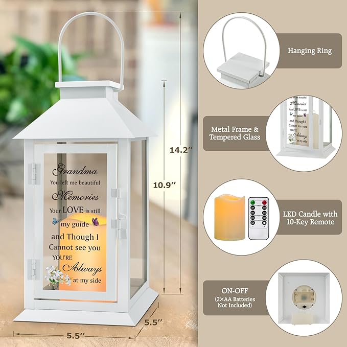 Decorative Candle Lantern 14.2 Inch Metal Glass Memorial with LED Candle