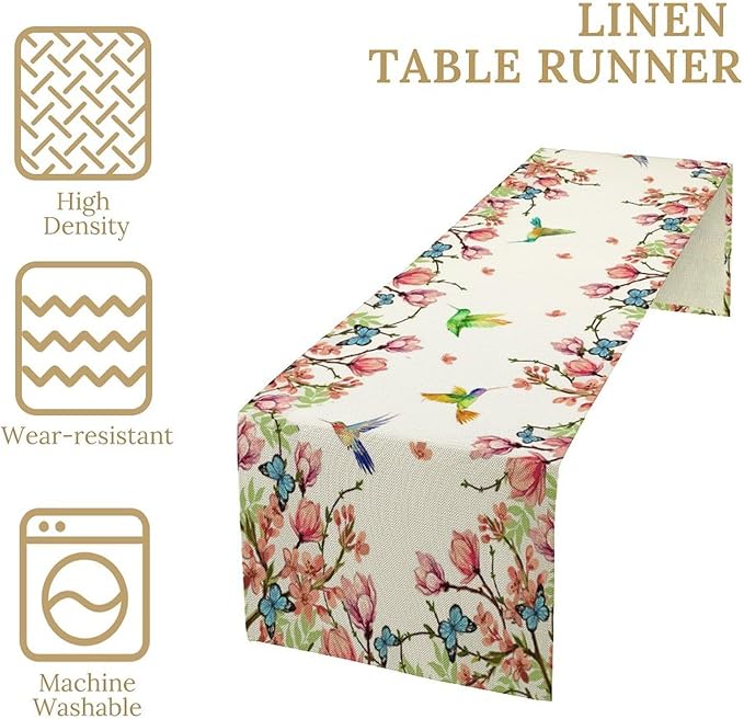Vintage Watercolor Flower Hummingbird Table Runner Seasonal Spring Garden Plants Birds Florals Farmhouse Country Kitchen Dinner Runner Dining Table Decoration 13"x90"