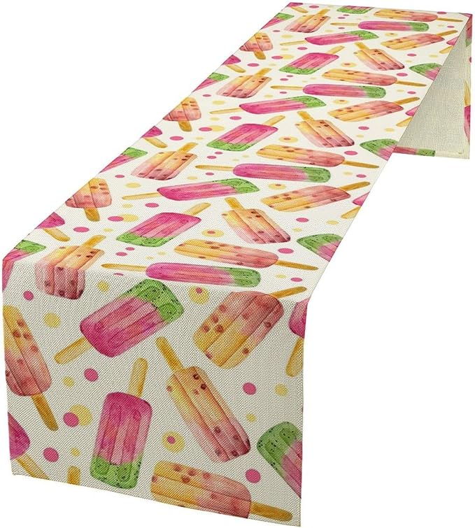 Ice Cream Popsicles Table Runner, Watercolor Summer Seasonal Fruit Peach Kiwi Berry Popsicles Orange Pink Sweet Dessert Dinner Runner for Party Holiday Home Kitchen Dining Table Decor 13"x70"
