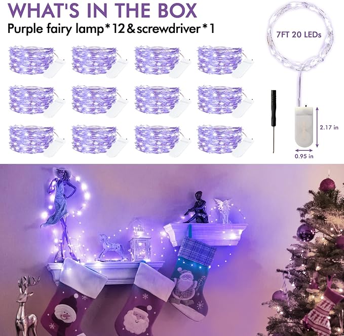 12 Pack Fairy Lights Battery Operated String Lights，7FT 20LED Waterproof Silver Wire Christmas Lights Outdoor,Firefly Mini Lights for Bedroom Party Birthday Wedding Home Decor