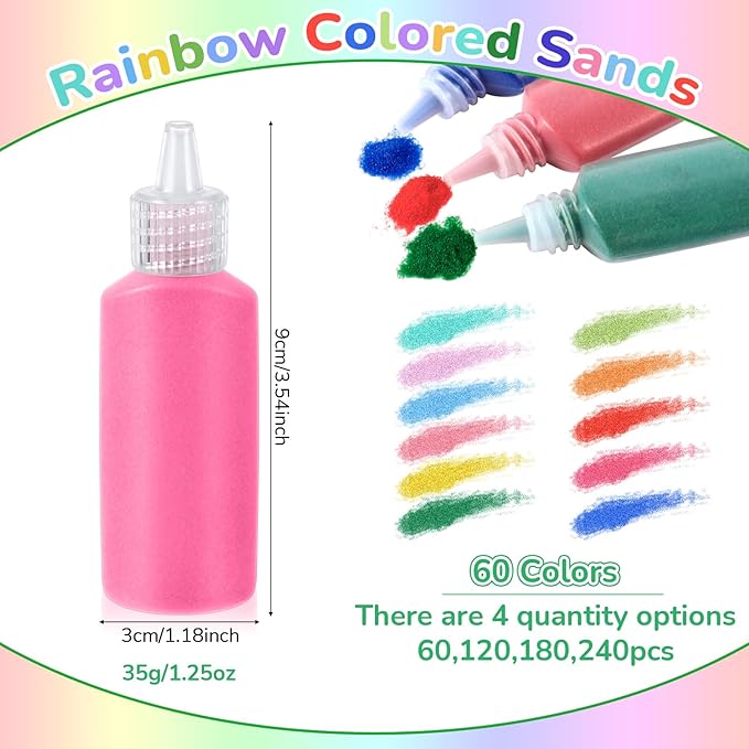 Wettarn 240 Pcs 1.25 oz Sand Art Bottle Kits 60 Colors of Sand and Bottle for Rangoli Art Painting DIY Drawing Favor Diwali Wedding Decoration Vase Glass Crafty Collection (Multicolor)