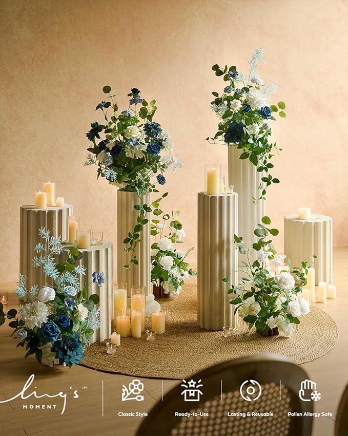 Artificial Flower Arrangements 4 Pack, 17.5 Inch Dusty Blue Navy Wedding Decor