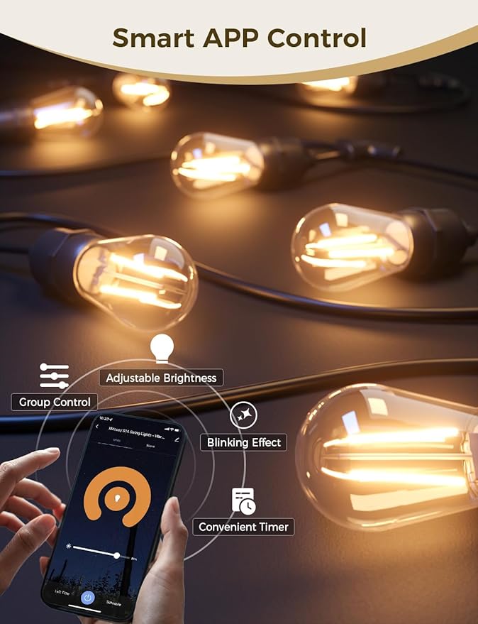 String Lights, Dimmable S14 Edison Bulbs, 2700K Warm White, IP65 Waterproof