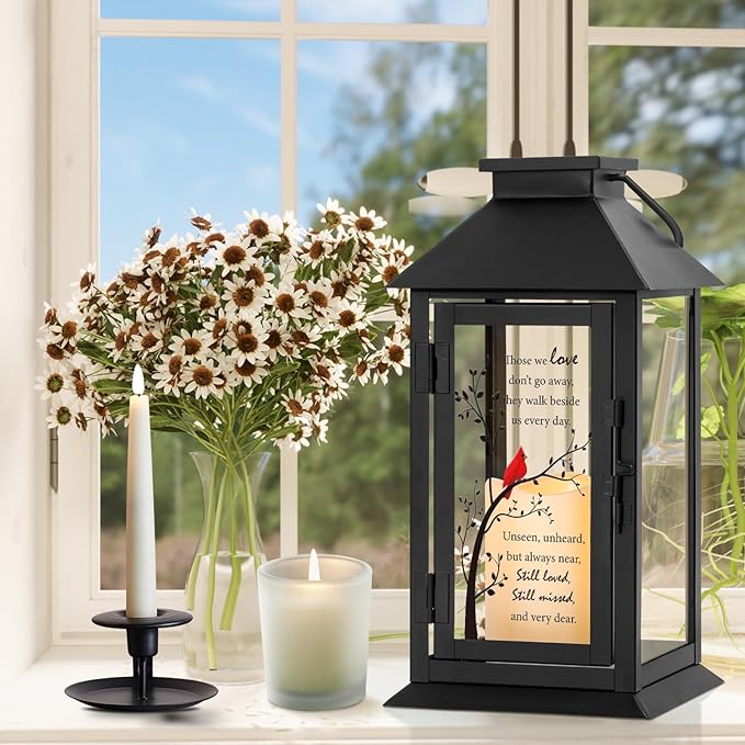 Decorative Candle Lantern for Memorials, Metal and Glass, 14.2 Inch