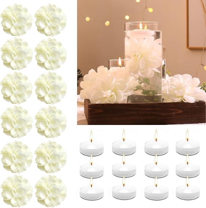 Vase Fillers with 12 White Floating Flowers and 12 Candles, 24 Pieces