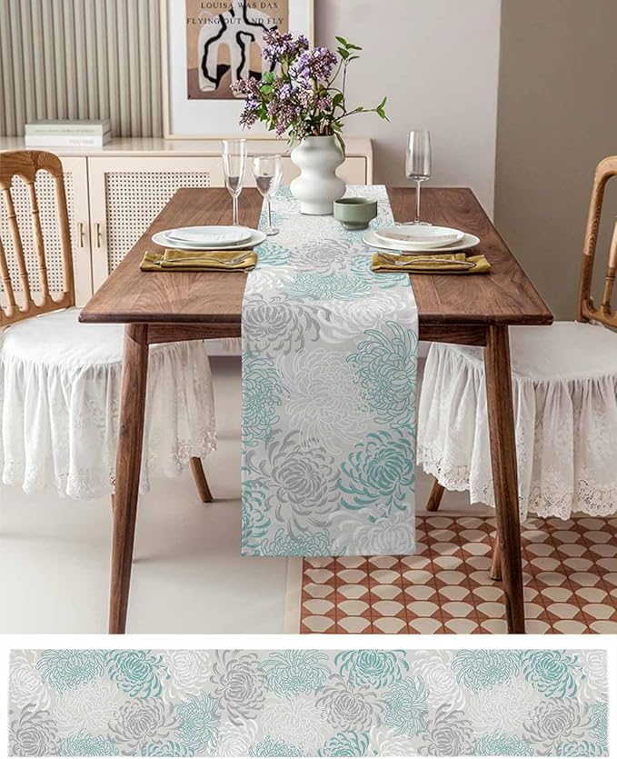 Auqa Chrysanthemum Cotton Linen Table Runner for Dining Kitchen, Wedding Outdoor Party Tablerunners Decoration, Farmhouse Floral Botanical Leaves Dresser Scarf Coffee Tablecloth Runners 13x36 Inches