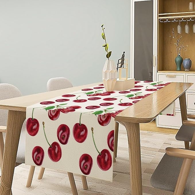 Red Cherry Table Runner Watercolor Tropical Fruit Spring Summer Wild Berry Dinner Runner for Girl Baby Shower Party Holiday Home Kitchen Dining Table Decor 13x70
