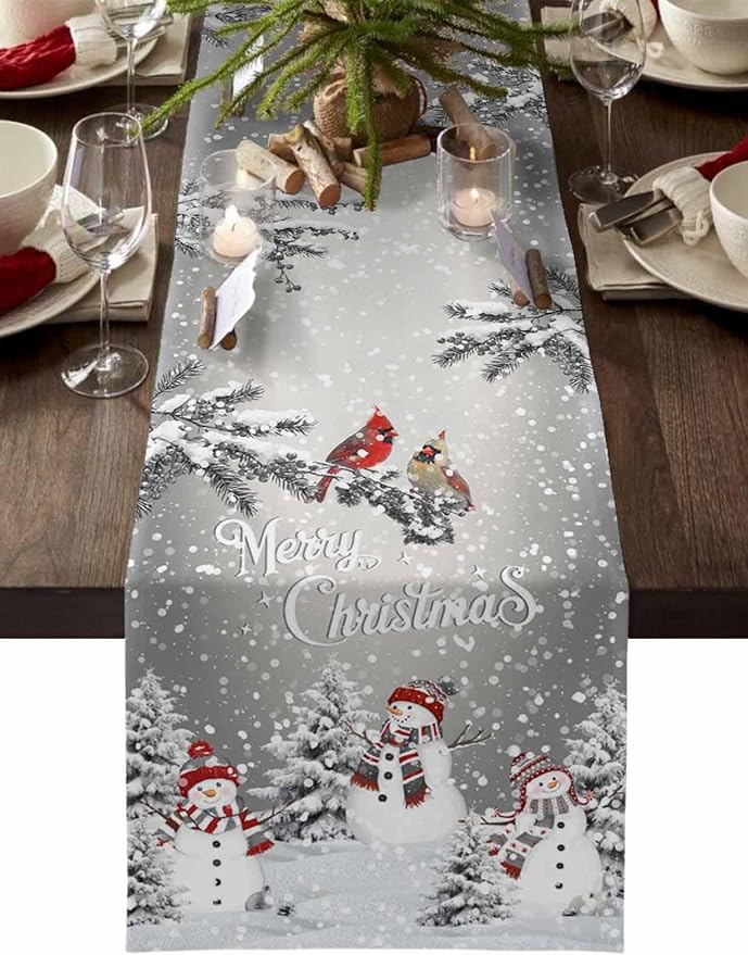 Christmas Snowman Cotton Linen Table Runner for Dining Kitchen, Snowflakes Xmas Pine Tree Wedding Outdoor Party Tablerunner Decoration Winter Bird Dresser Scarf Coffee Tablecloth Runners 13x70 Inches