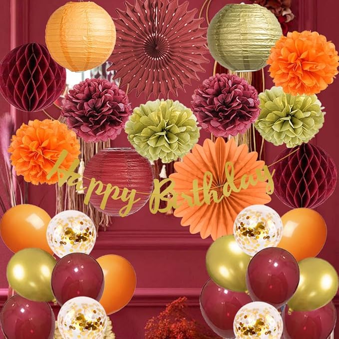 Tissue Pom Poms Fall Birthday Party Decor Kit, Burgundy Orange Gold