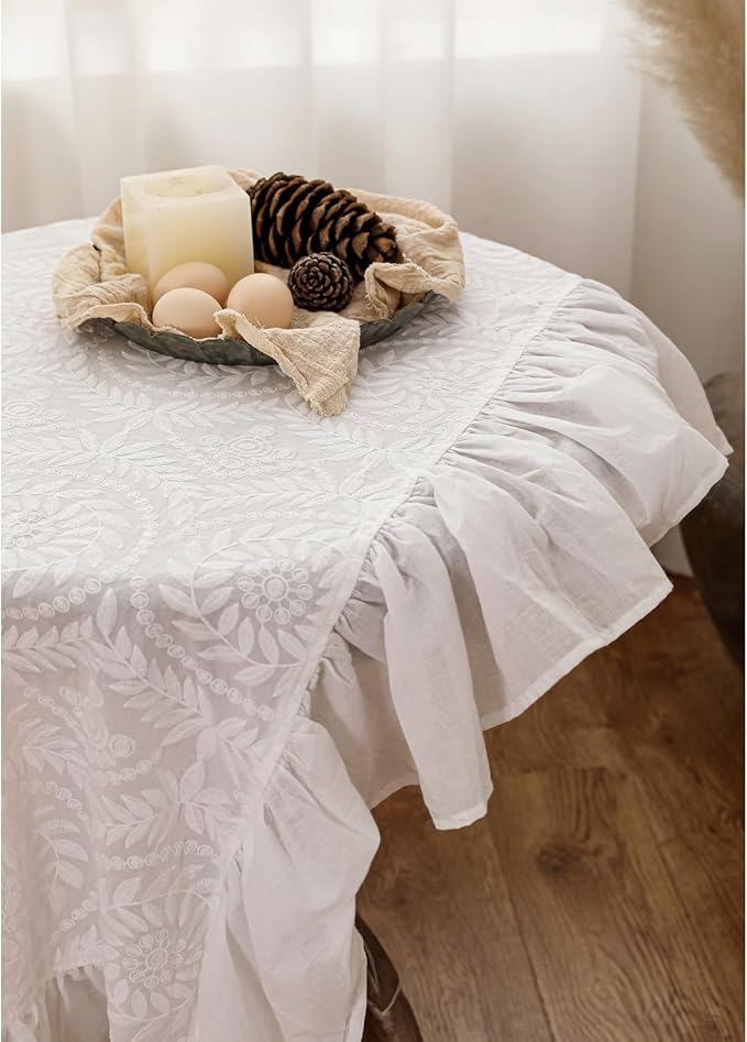 patdrea Vintage Ruffle Tablecloth for Rectangle Tables,Farmhouse Embroidered Cotton White Lace Table Cloth Cover Decor for Dining Room Wedding Banquet Thanksgiving Christmas,63"*106"